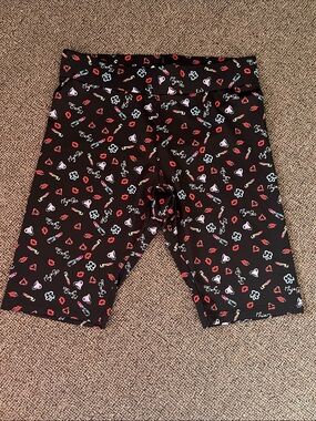 Maje Black Bike Shorts with Red & White Lip, Heart and Floral Print